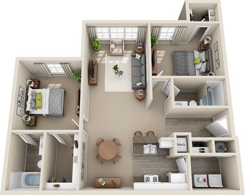 Floor plan for 2 beds, 2 baths, 1100 sqft